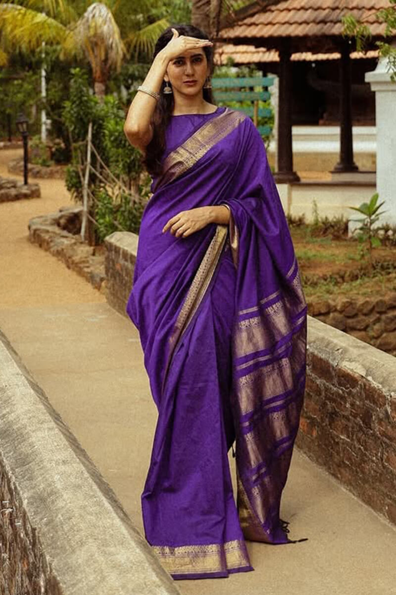 Flamboyant Purple Soft Silk Saree With Ethnic Blouse Piece