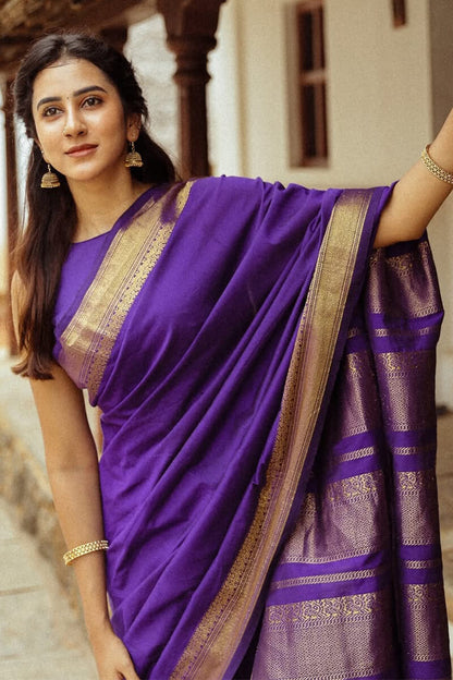 Flamboyant Purple Soft Silk Saree With Ethnic Blouse Piece