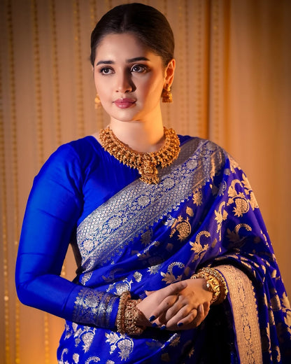 Pretty Royal Blue Soft Banarasi Silk Saree With Glorious Blouse Piece