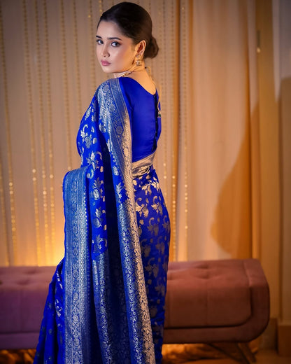 Pretty Royal Blue Soft Banarasi Silk Saree With Glorious Blouse Piece