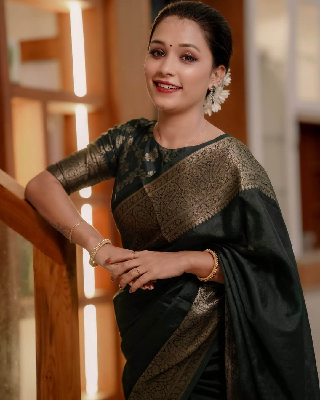 Luxuriant Dark Green Soft Silk Saree With Allure Blouse Piece