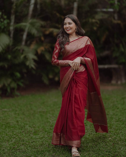 Amazing Maroon Soft Silk Saree With Rhapsody Blouse Piece