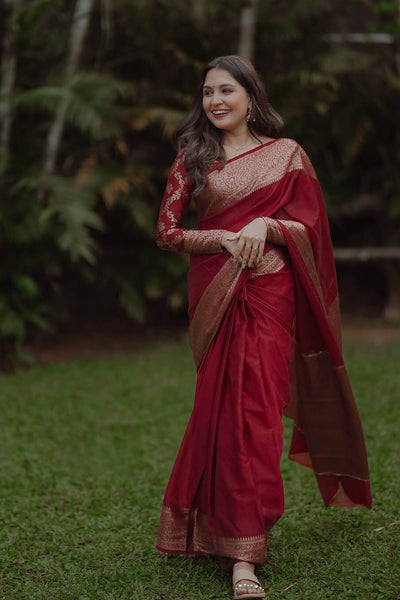 Amazing Maroon Soft Silk Saree With Rhapsody Blouse Piece