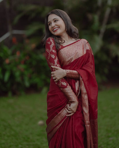 Amazing Maroon Soft Silk Saree With Rhapsody Blouse Piece