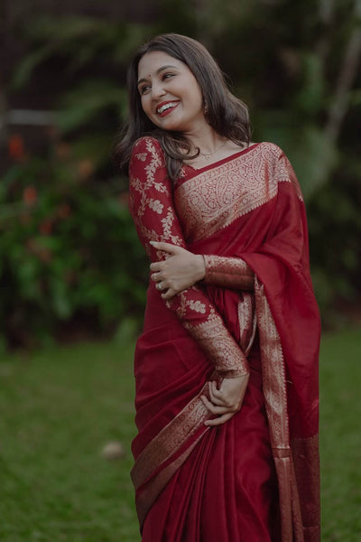 Amazing Maroon Soft Silk Saree With Rhapsody Blouse Piece