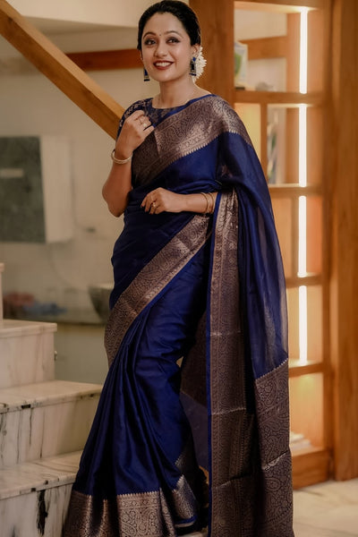 Felicitous Navy Blue Soft Silk Saree With Pretty Blouse Piece