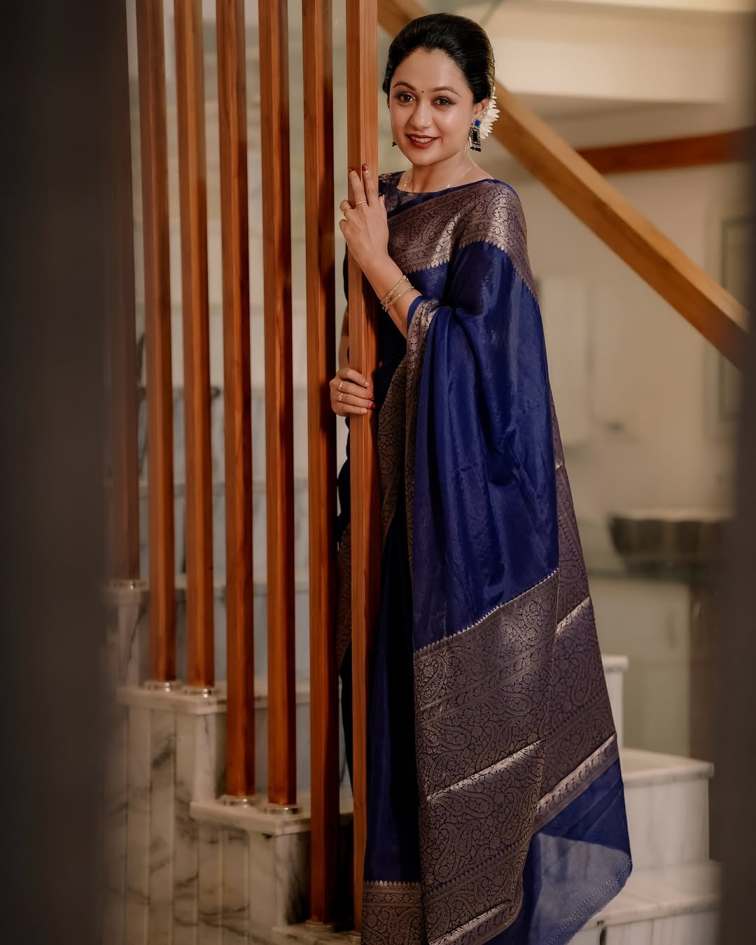 Felicitous Navy Blue Soft Silk Saree With Pretty Blouse Piece