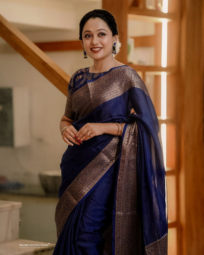 Felicitous Navy Blue Soft Silk Saree With Pretty Blouse Piece