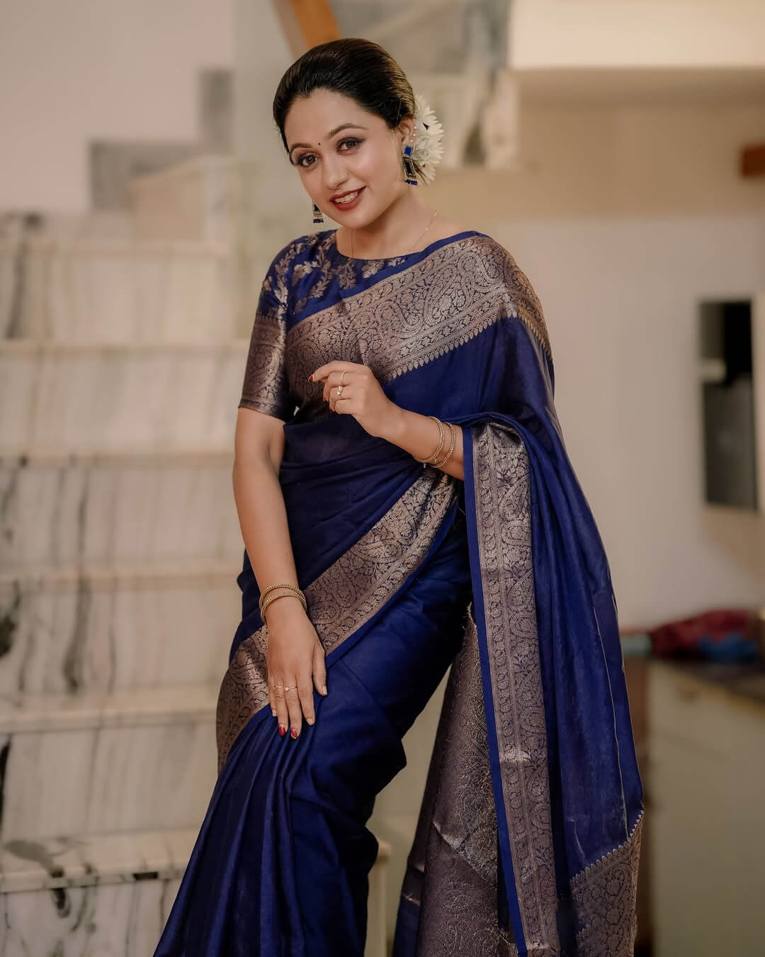 Felicitous Navy Blue Soft Silk Saree With Pretty Blouse Piece
