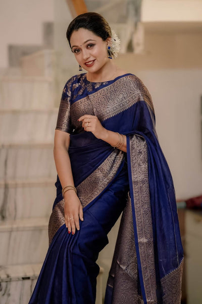 Felicitous Navy Blue Soft Silk Saree With Pretty Blouse Piece