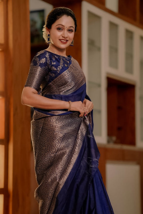 Load image into Gallery viewer, Felicitous Navy Blue Soft Silk Saree With Pretty Blouse Piece
