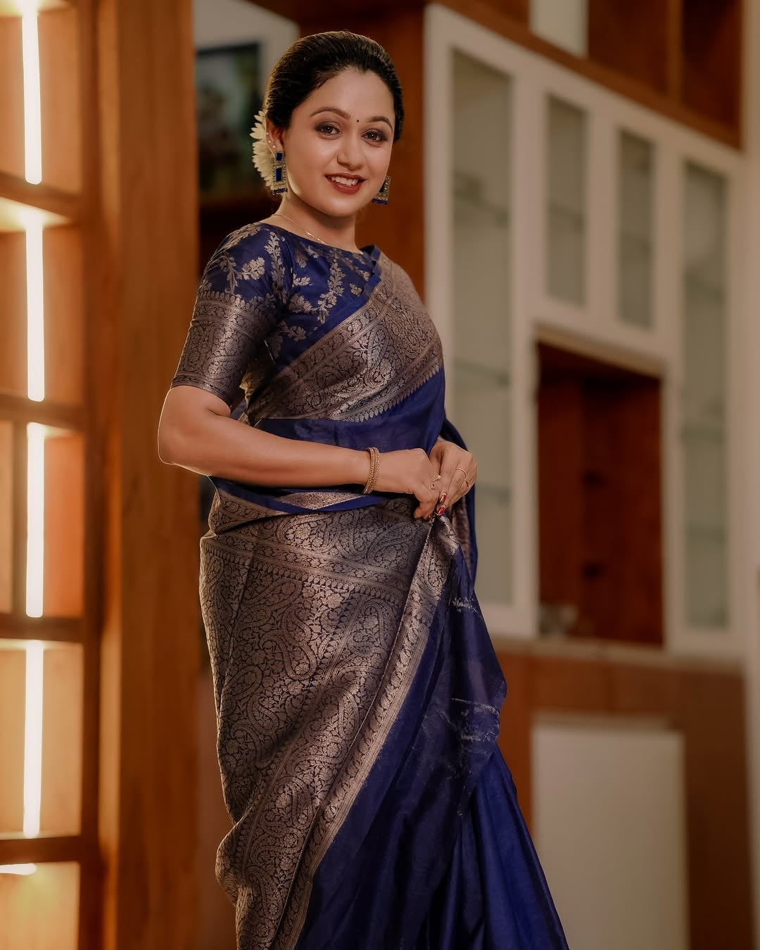 Felicitous Navy Blue Soft Silk Saree With Pretty Blouse Piece