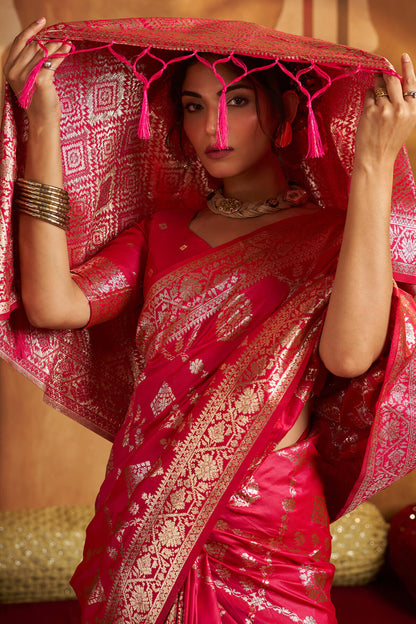 Majestic Dark Pink Pure Banarasi Silk Saree With Whimsical Blouse Piece