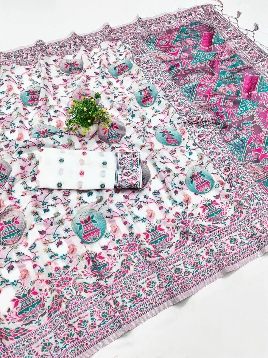 Forbearance Off White Pashmina Saree With Phenomenal Snappy Piece