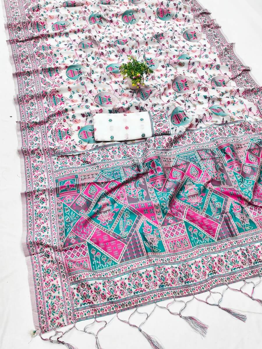 Forbearance Off White Pashmina Saree With Phenomenal Snappy Piece