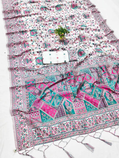 Forbearance Off White Pashmina Saree With Phenomenal Snappy Piece