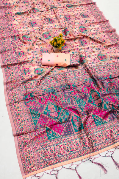 Ineffable Peach Pashmina Saree With Preferable Blouse Piece