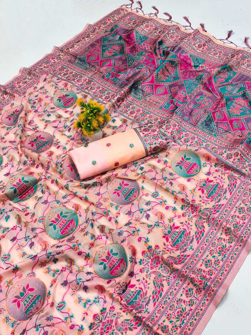 Ineffable Peach Pashmina Saree With Preferable Blouse Piece