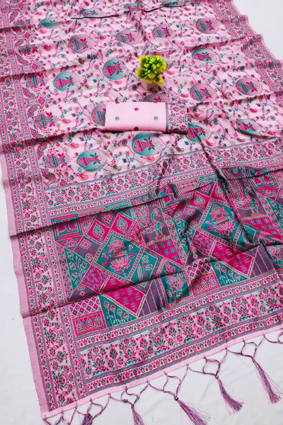 Ratatouille Pink Pashmina Saree With Tempting Blouse Piece