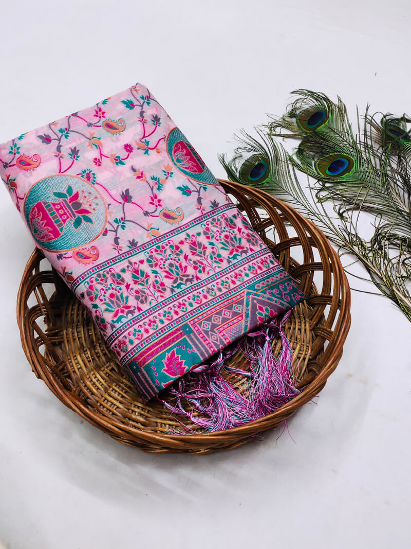 Ratatouille Pink Pashmina Saree With Tempting Blouse Piece