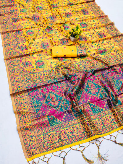 Nebula Yellow Pashmina Saree With Sonorous Blouse Piece