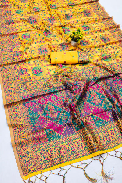 Nebula Yellow Pashmina Saree With Sonorous Blouse Piece