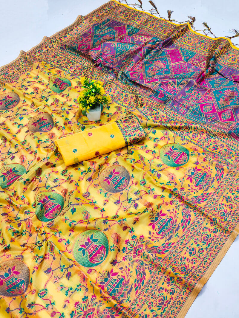 Nebula Yellow Pashmina Saree With Sonorous Blouse Piece