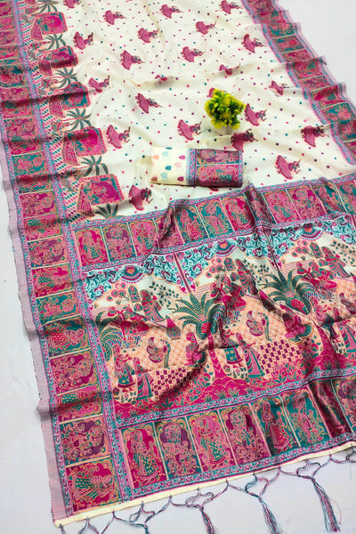 Intricate Beige Pashmina Saree With Gorgeous Blouse Piece