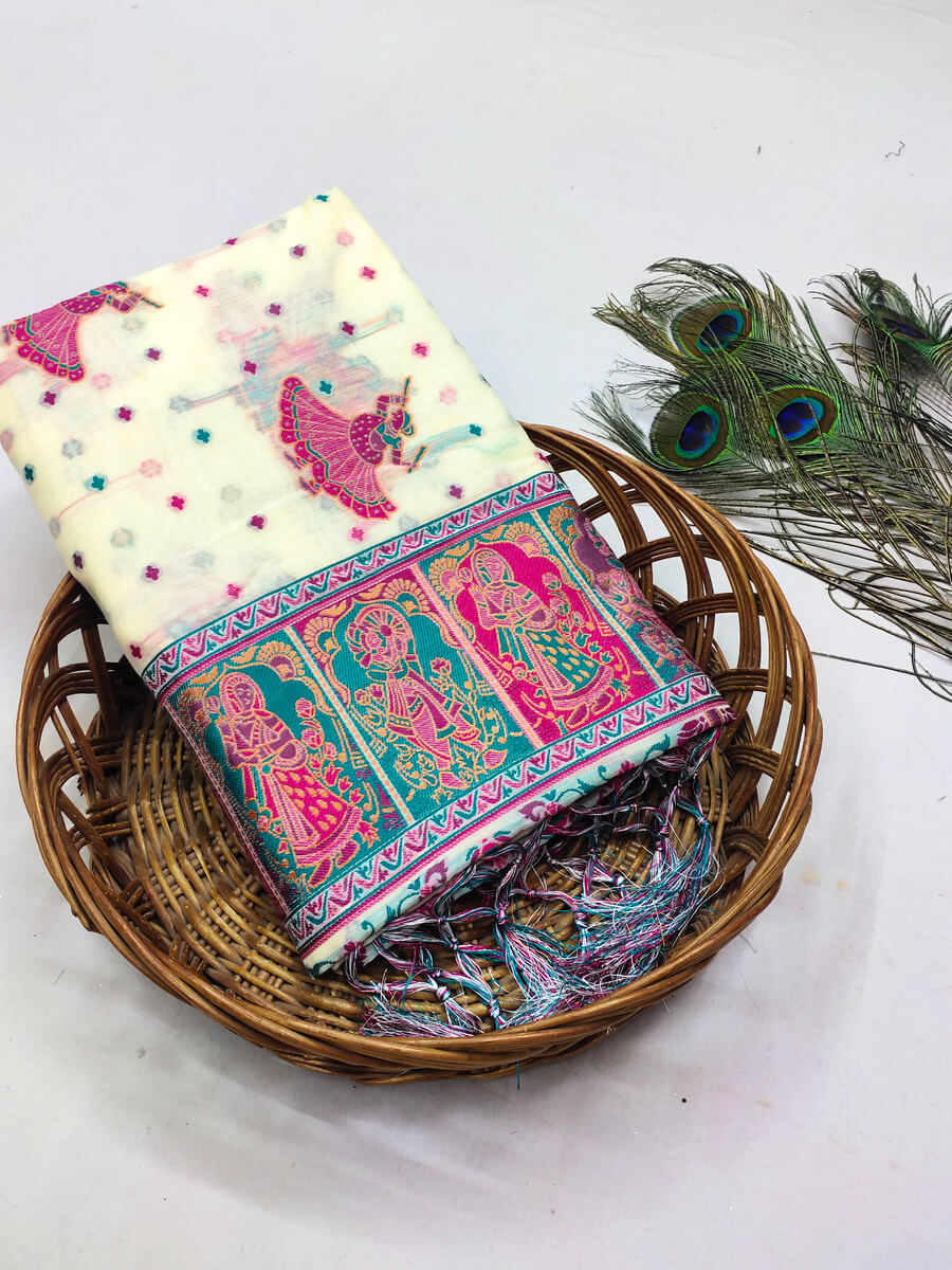 Intricate Beige Pashmina Saree With Gorgeous Blouse Piece