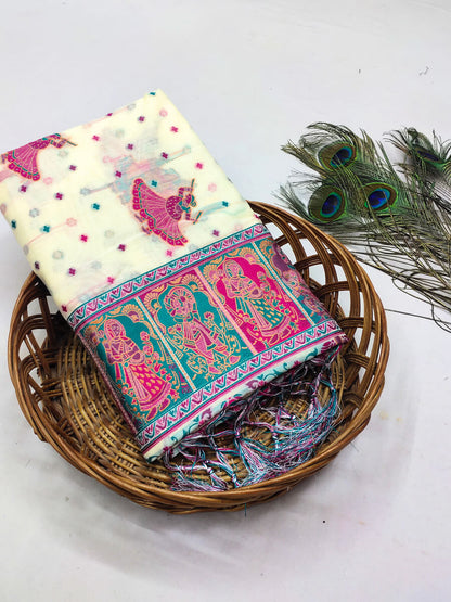 Intricate Beige Pashmina Saree With Gorgeous Blouse Piece