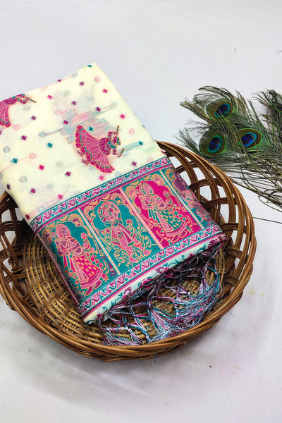 Intricate Beige Pashmina Saree With Gorgeous Blouse Piece