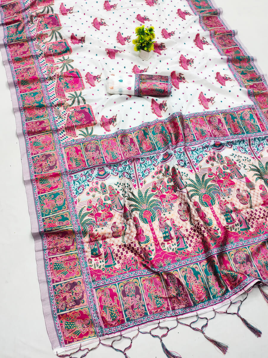 Scrupulous Off White Pashmina Saree With Evocative Blouse Piece