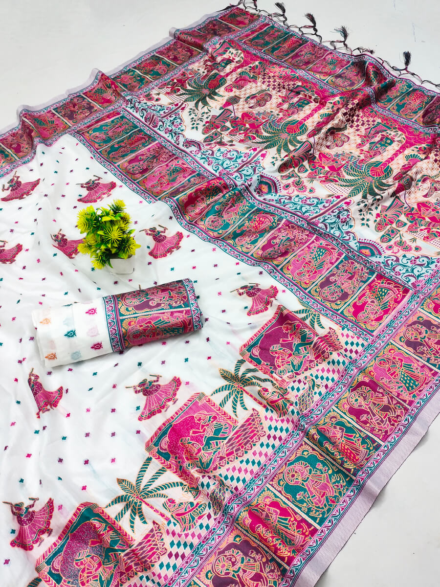 Scrupulous Off White Pashmina Saree With Evocative Blouse Piece