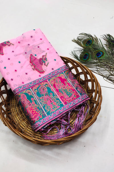 Woebegone Pink Pashmina Saree With Embellished Blouse Pieced