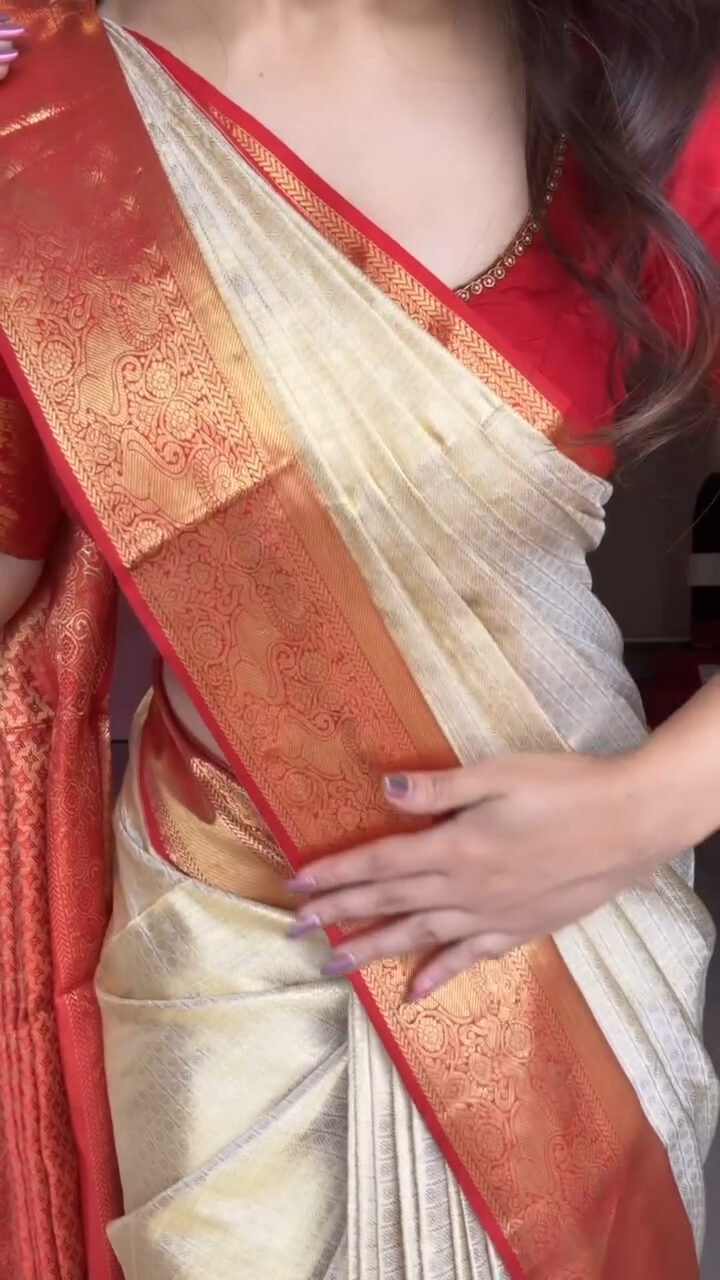 Desirable Beige Pure Banarasi Silk Saree With Beauteous Blouse Piece