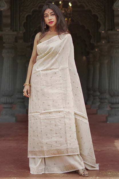 Stunning Beige Linen Silk Saree With Lovely Blouse Piece