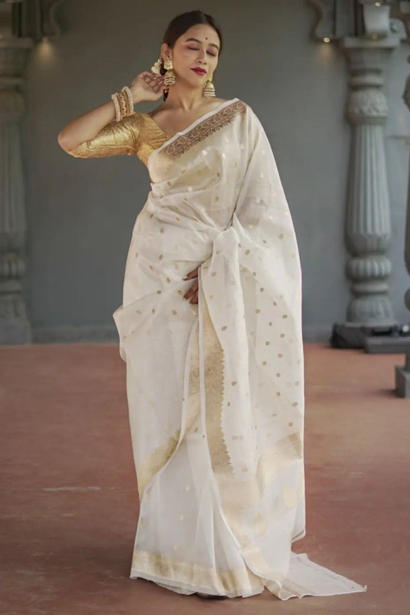 Smart Off White Linen Silk Saree With Hypnotic Blouse Piece