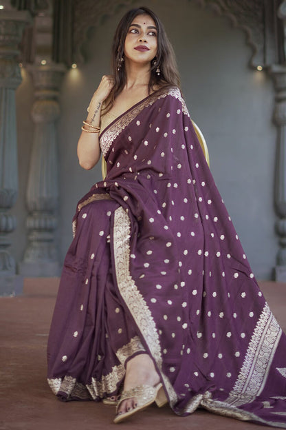 Divine Wine Linen Silk Saree With Prominent  Blouse Piece