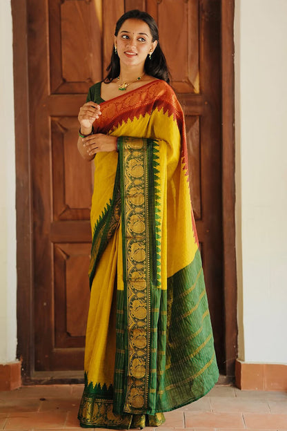 Flamboyant Yellow Soft Silk Saree With Ailurophile Blouse Piece
