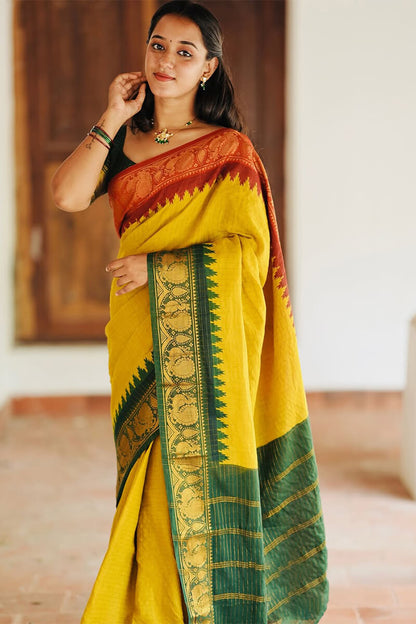 Flamboyant Yellow Soft Silk Saree With Ailurophile Blouse Piece