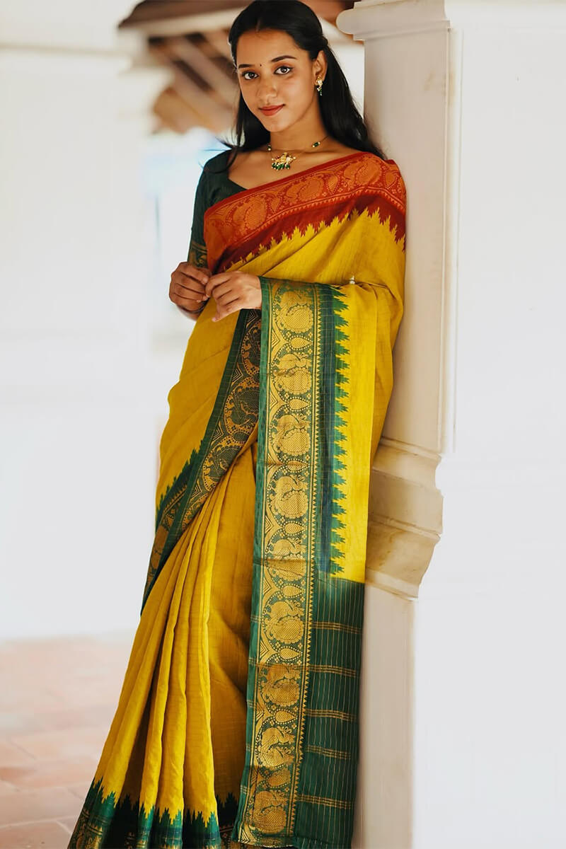 Flamboyant Yellow Soft Silk Saree With Ailurophile Blouse Piece