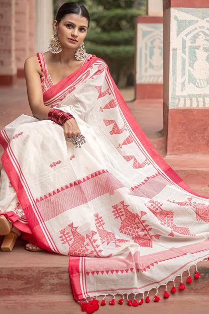 Profuse Off White Cotton Silk Saree With Radiant Blouse Piece