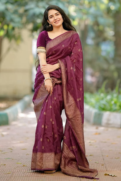 Stunning Wine Soft Silk Saree With Capricious Blouse Piece