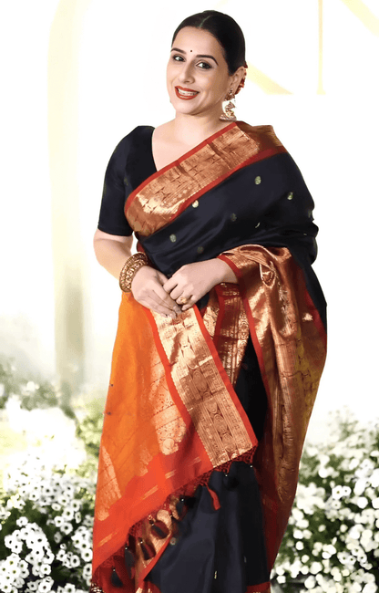 Gratifying Black Soft Banarasi Silk Saree With Assemblage Blouse Piece