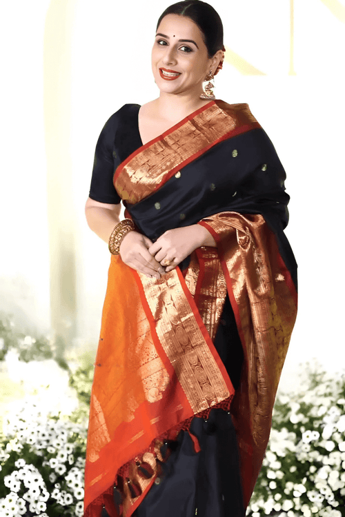 Load image into Gallery viewer, Gratifying Black Soft Banarasi Silk Saree With Assemblage Blouse Piece
