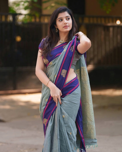 Engaging Grey Cotton Silk Saree With Stunning Blouse Piece
