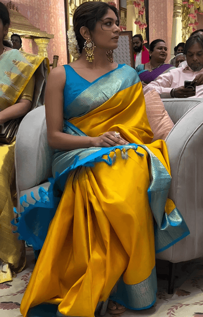 Flameboyant Yellow Soft Silk Saree With Eclat Blouse Piece