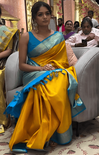 Flameboyant Yellow Soft Silk Saree With Eclat Blouse Piece
