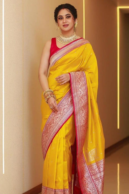 Posh Yellow Soft Silk Saree With Epiphany Blouse Piece
