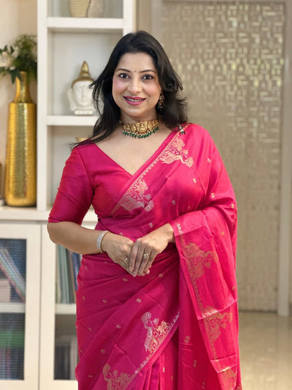 Chatoyant Dark Pink Soft Silk Saree With Profuse Blouse Piece